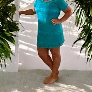New Directions teal blue crocheted dress size PXL fully lined above the …